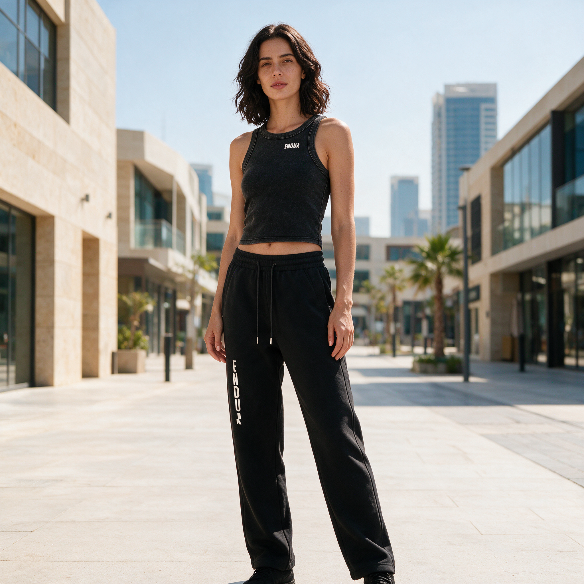 Model wearing the ENDUR Snow Wash Crop Tank Top, in Dubai
