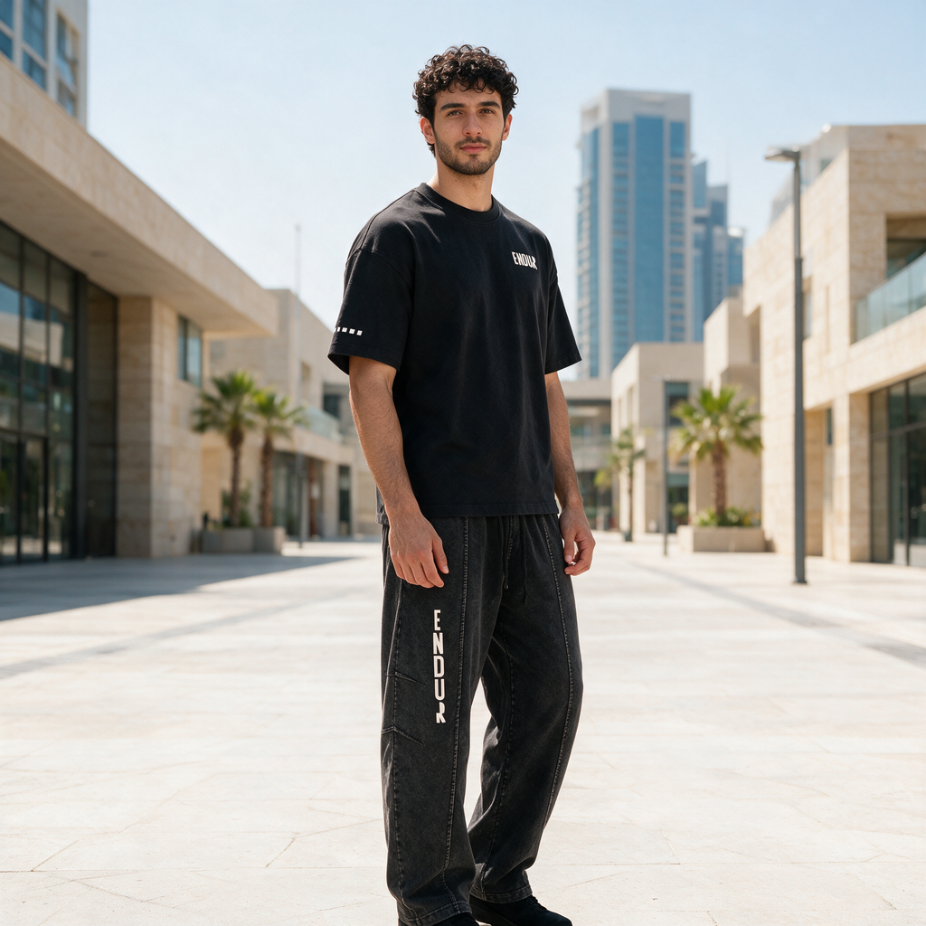 Model wearing the ENDUR Snow Wash Drawstring Pants, in Dubai