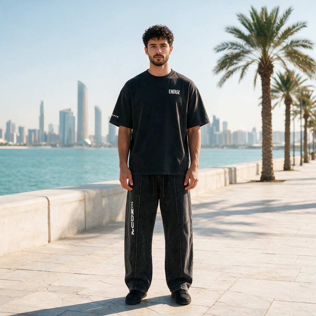 Model wearing the ENDUR Snow Wash Drawstring Pants, on the Abu Dhabi Corniche