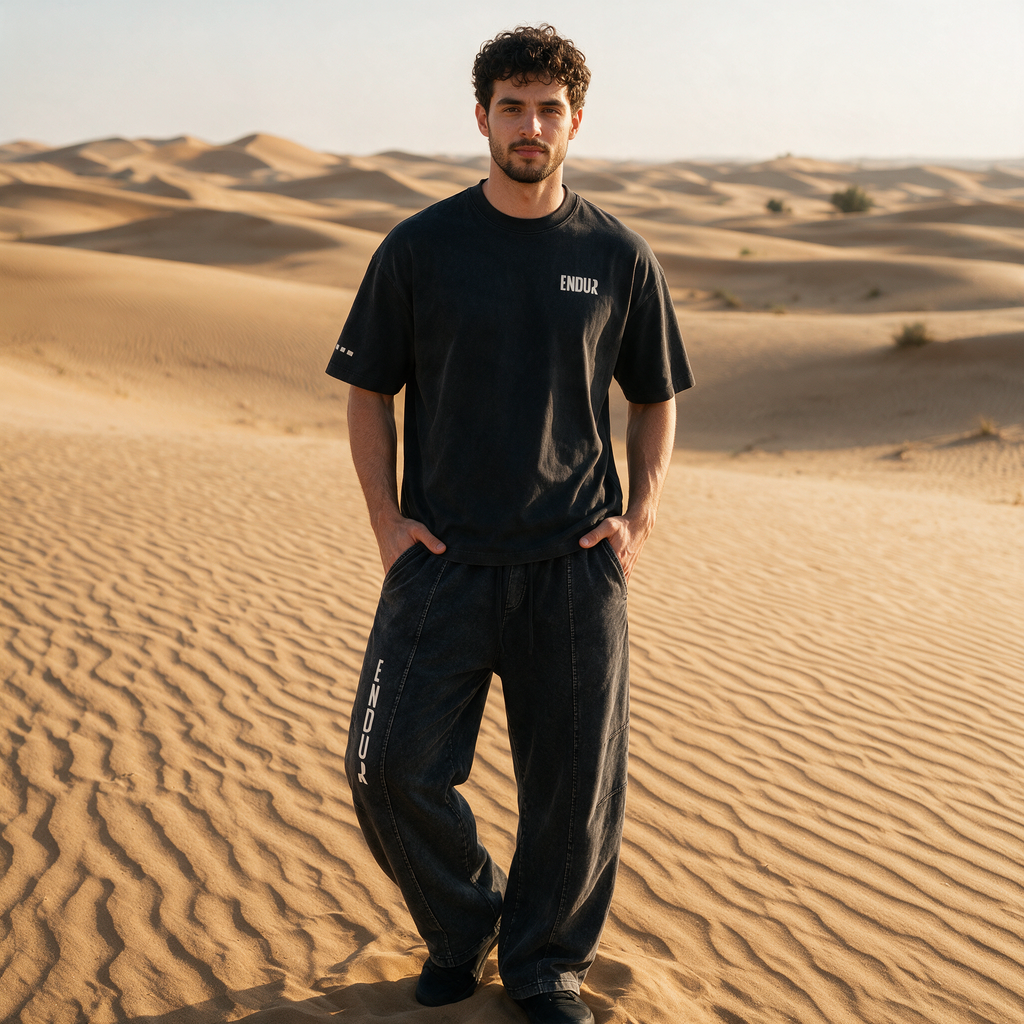 Model wearing the ENDUR Snow Wash Drawstring Pants, in the desert