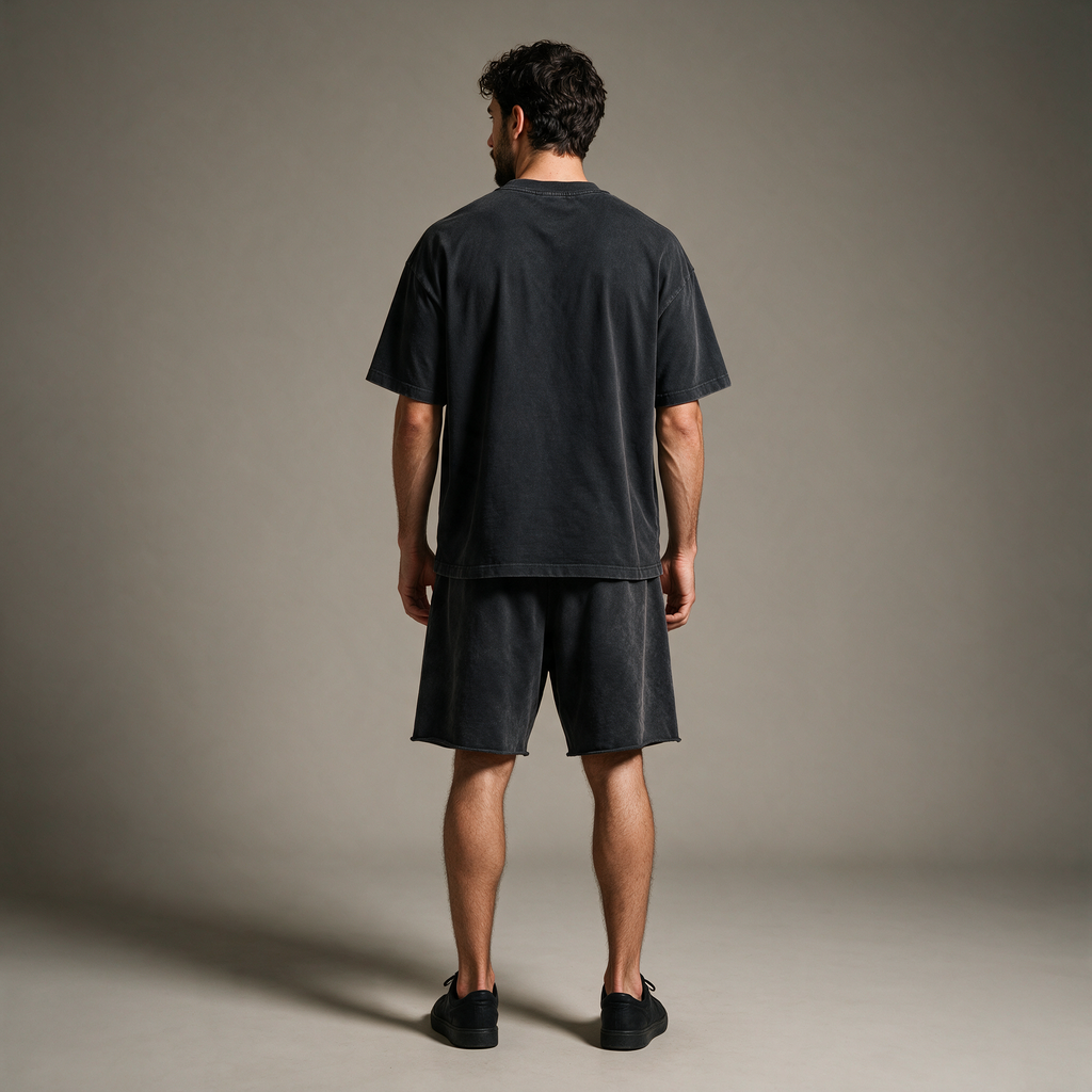 Model wearing the ENDUR Snow Wash Raw Hem Shorts, studio back view