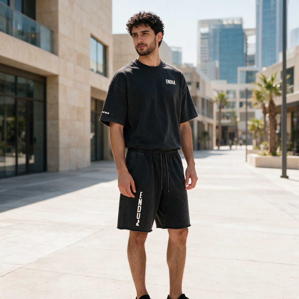 Model wearing the ENDUR Snow Wash Raw Hem Shorts, in Dubai