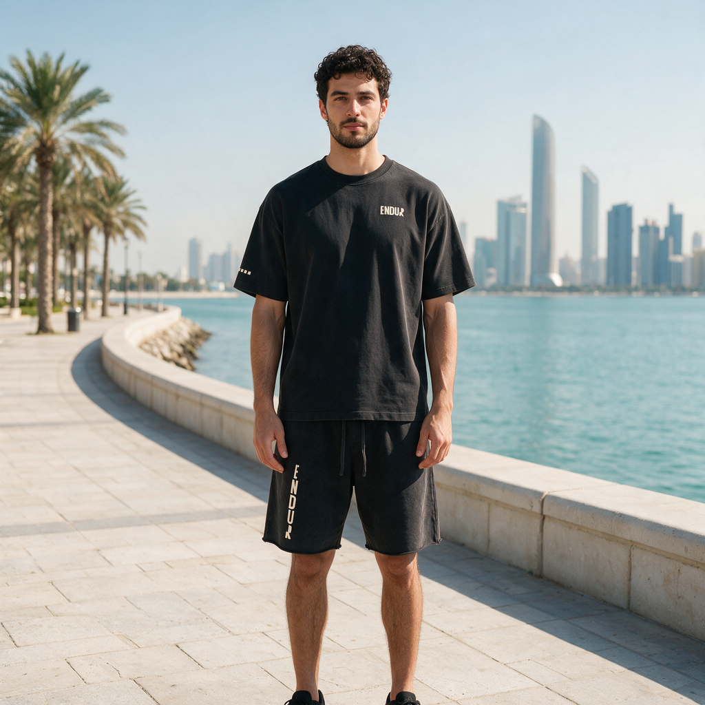 Model wearing the ENDUR Snow Wash Raw Hem Shorts, on the Abu Dhabi Corniche