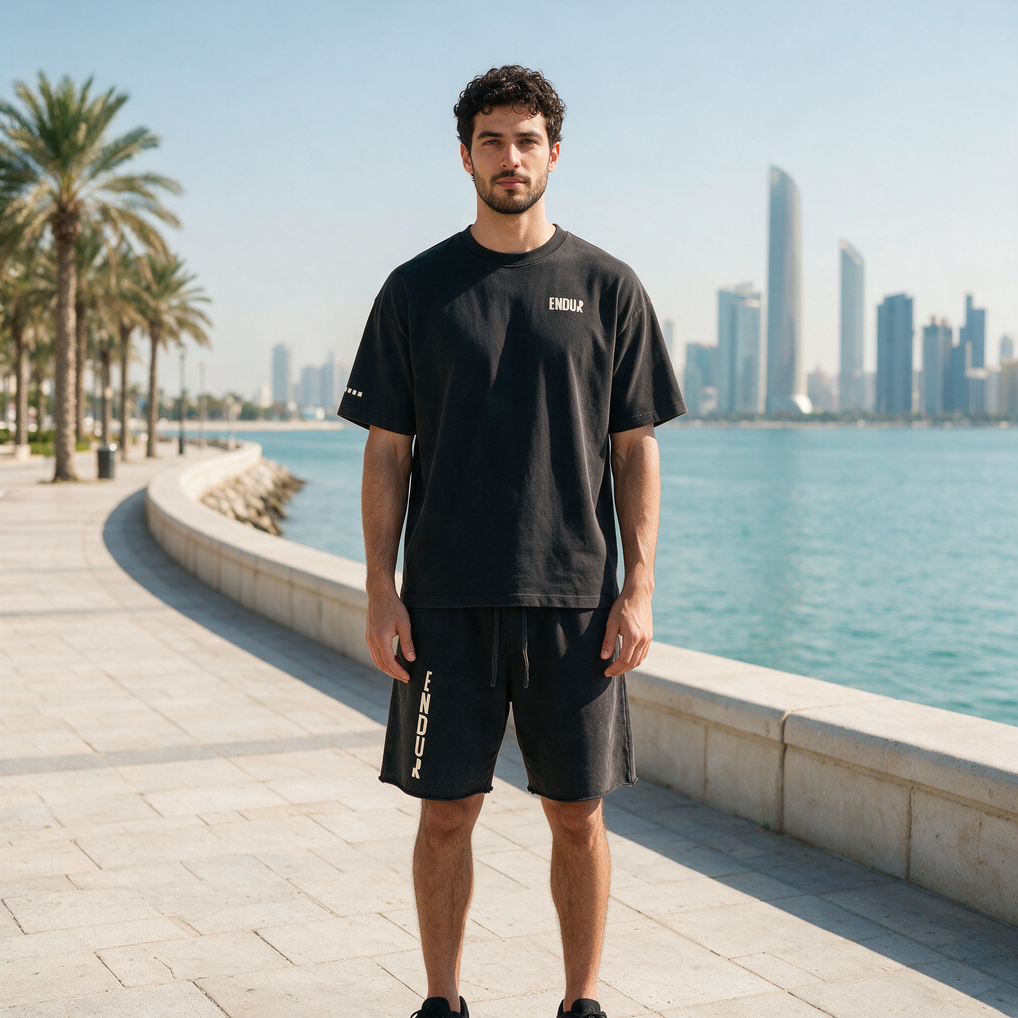 Model wearing the ENDUR Snow Wash Raw Hem Shorts, on the Abu Dhabi Corniche
