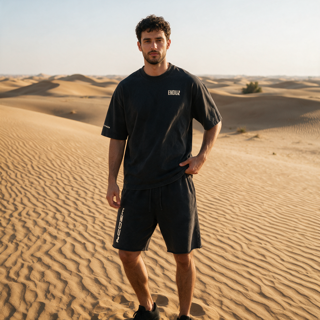 Model wearing the ENDUR Snow Wash Raw Hem Shorts, in the desert