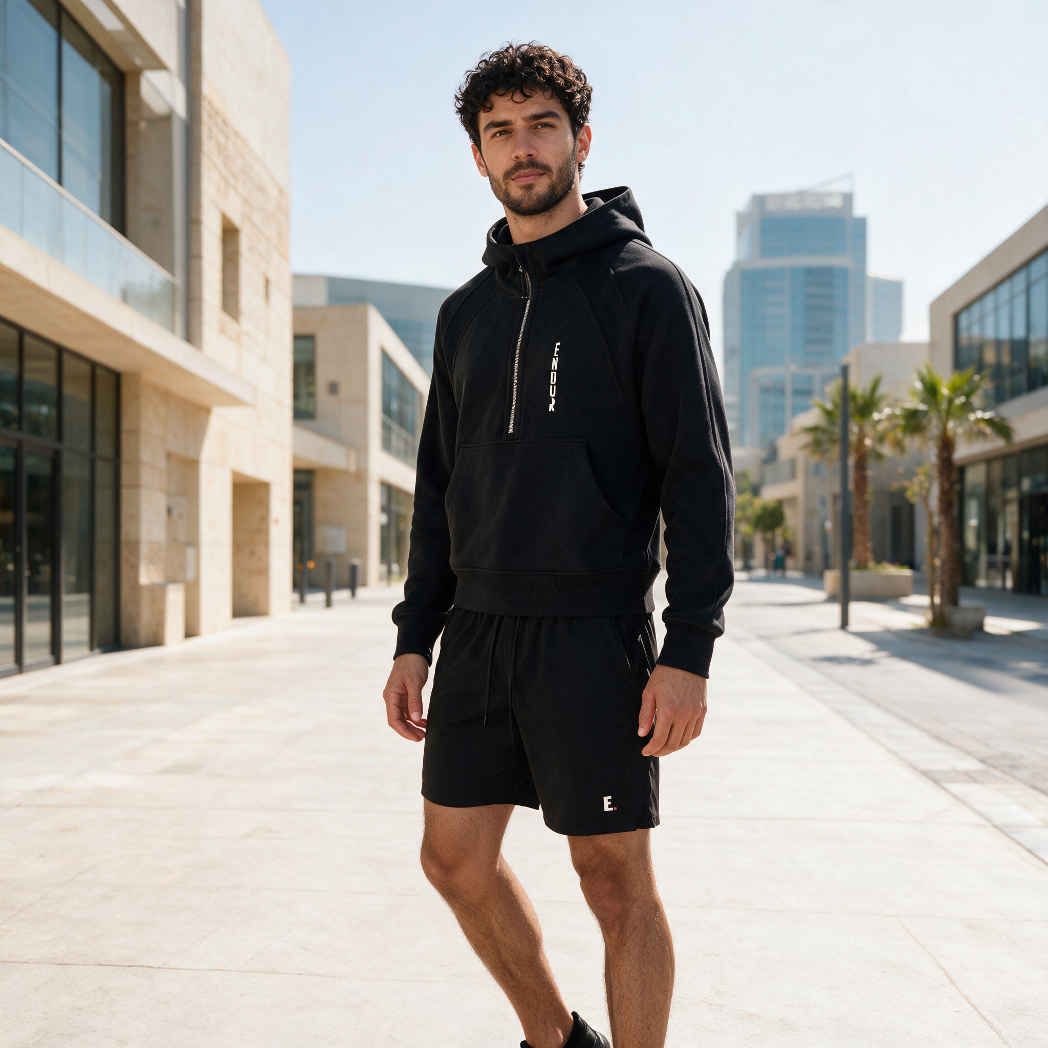 Model wearing the ENDUR Off Day Half-Zip, in Dubai