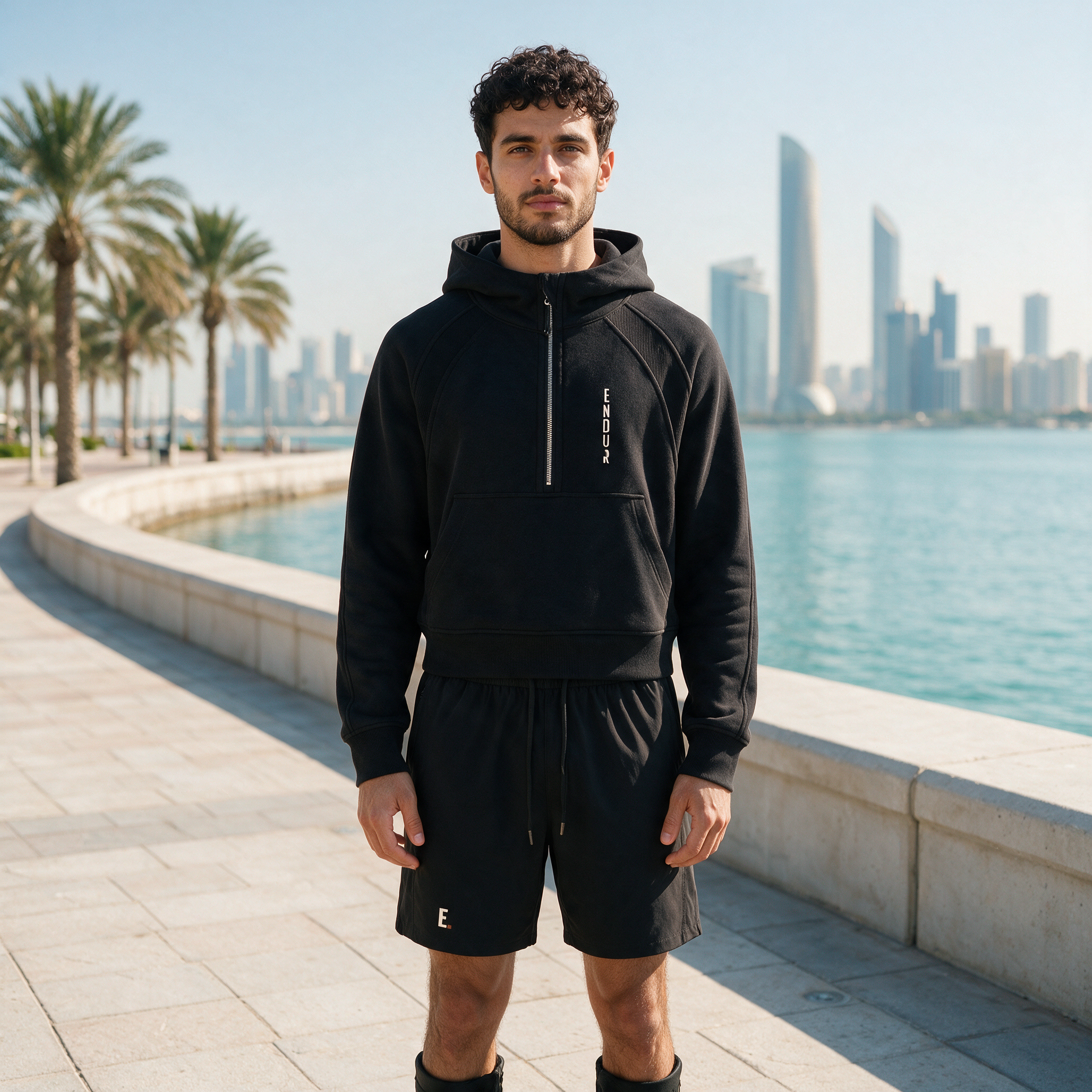 Model wearing the ENDUR Off Day Half-Zip, on the Abu Dhabi Corniche
