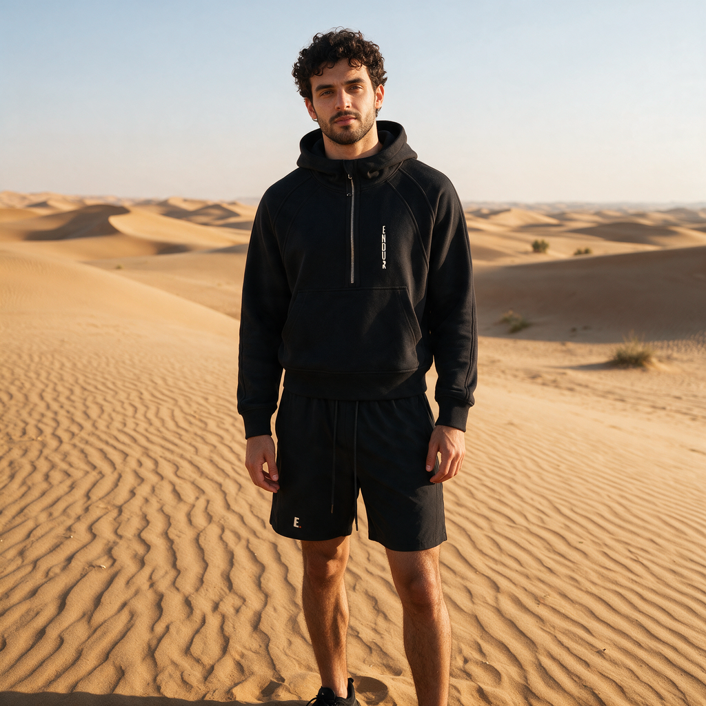 Model wearing the ENDUR Off Day Half-Zip, in the desert