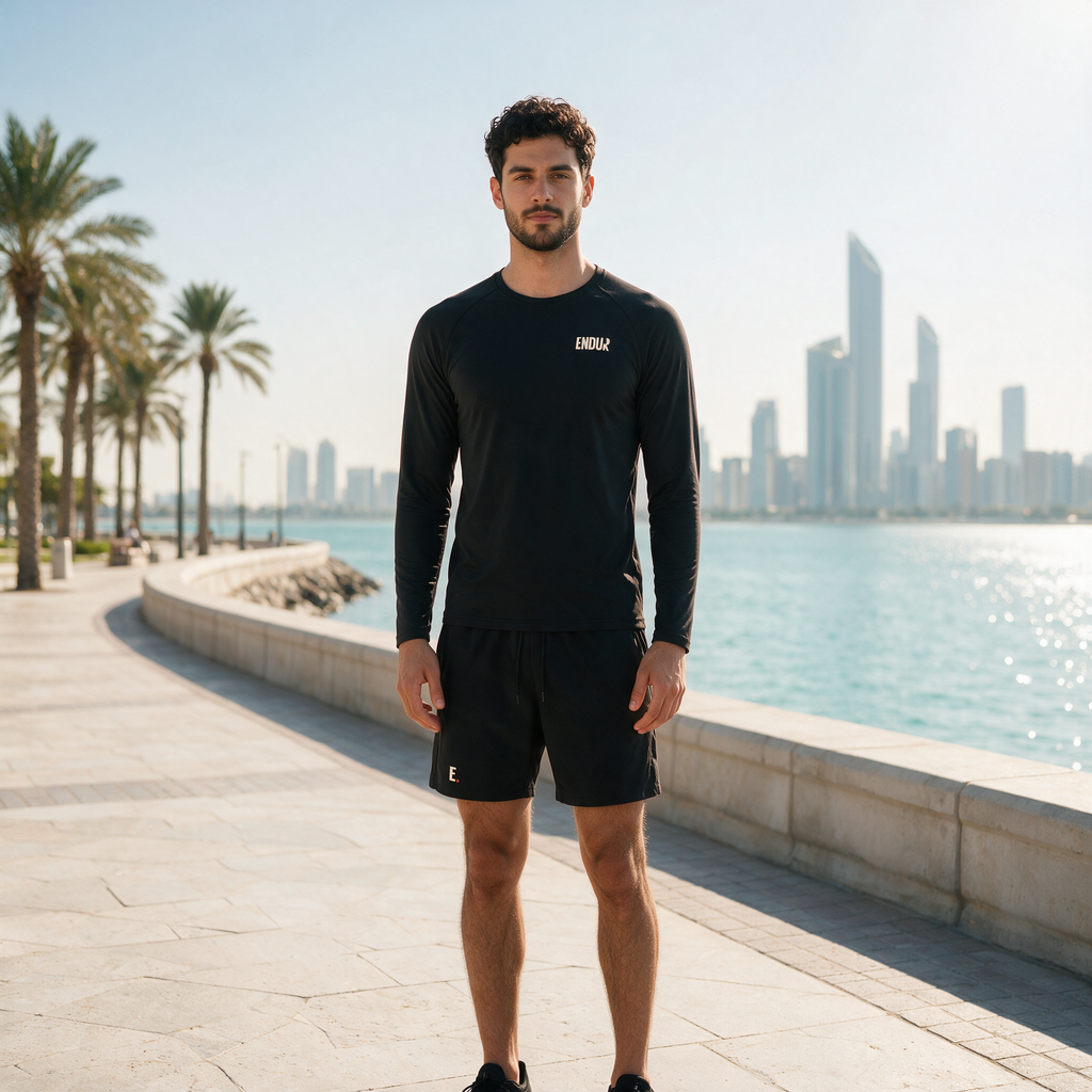 Model wearing the ENDUR Off Day Long Sleeve, on the Abu Dhabi Corniche