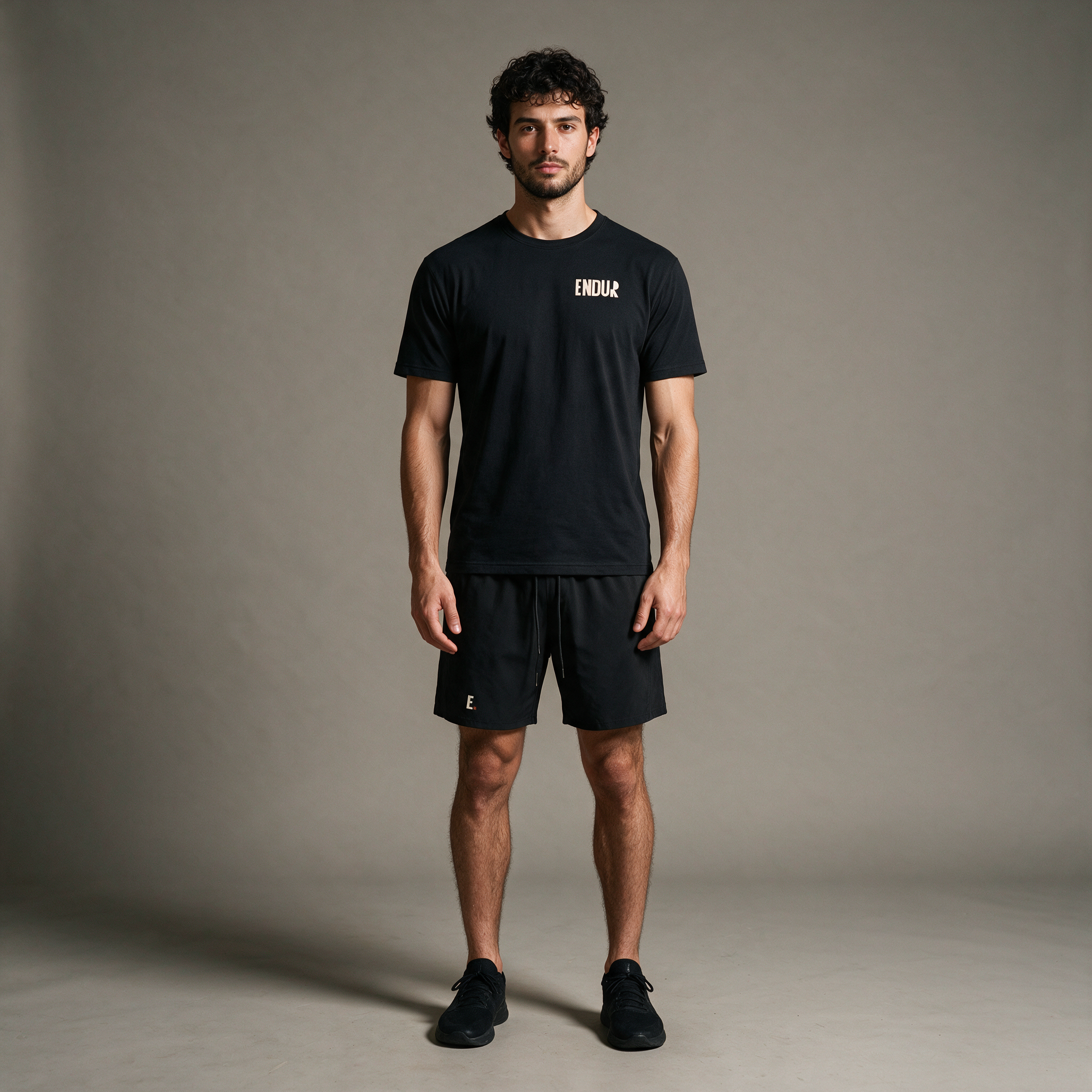 Model wearing the ENDUR Off Day Shorts, studio front view
