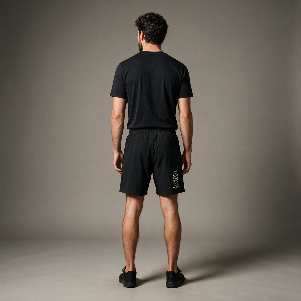 Model wearing the ENDUR Off Day Shorts, studio back view