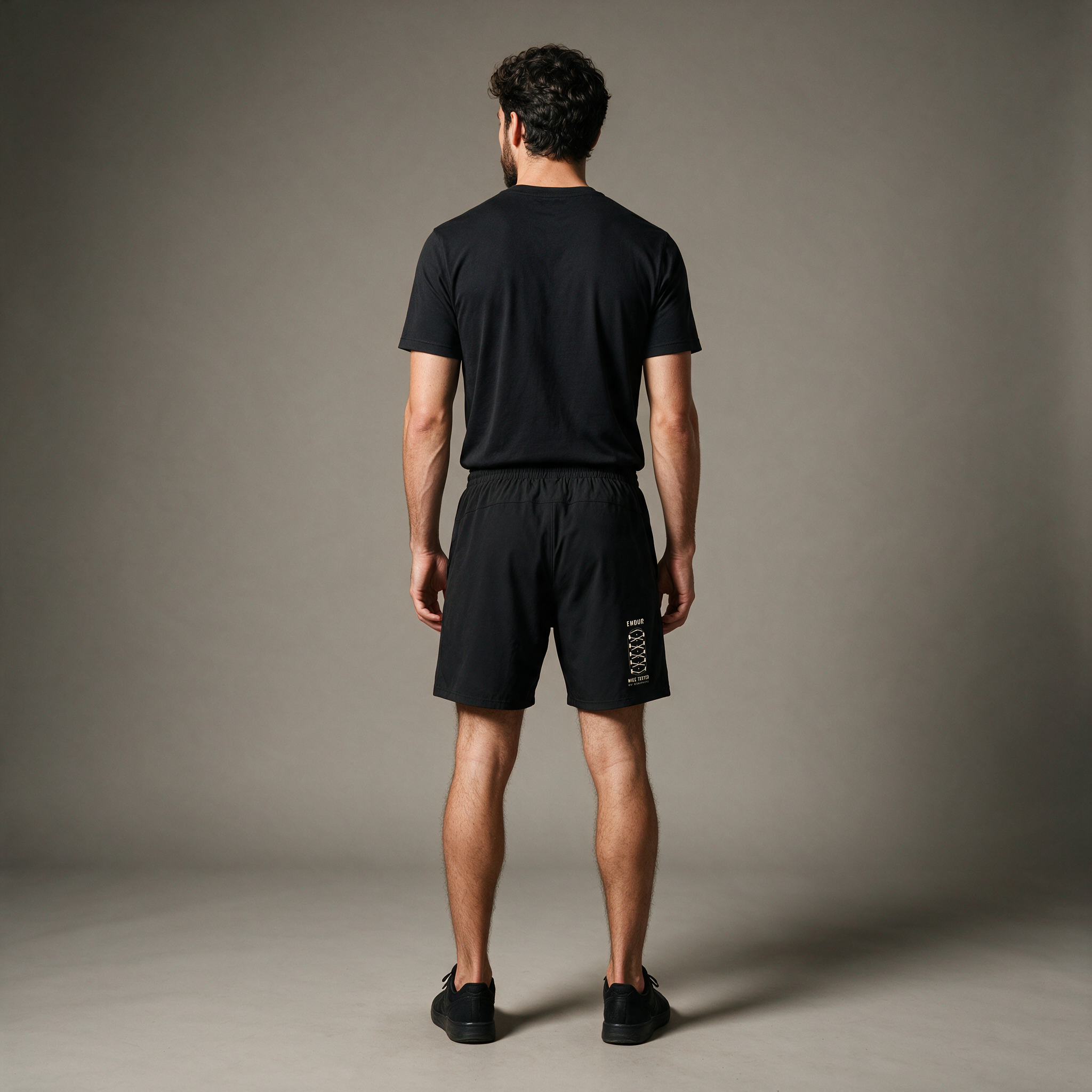 Model wearing the ENDUR Off Day Shorts, studio back view