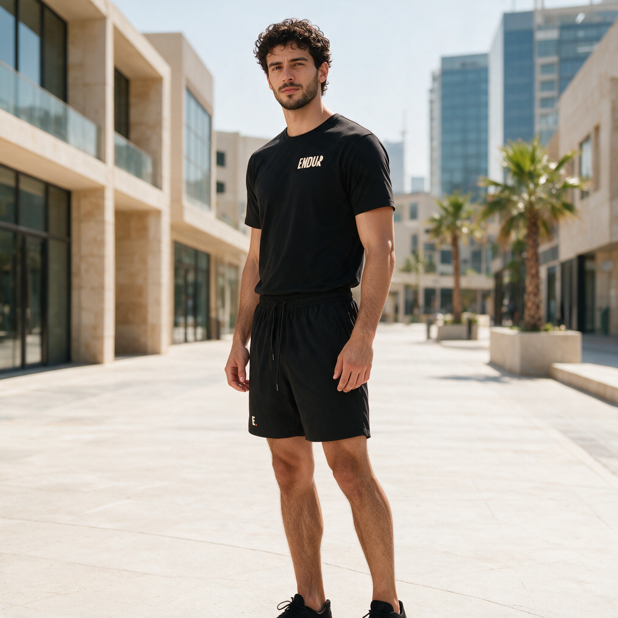 Model wearing the ENDUR Off Day Shorts, in Dubai