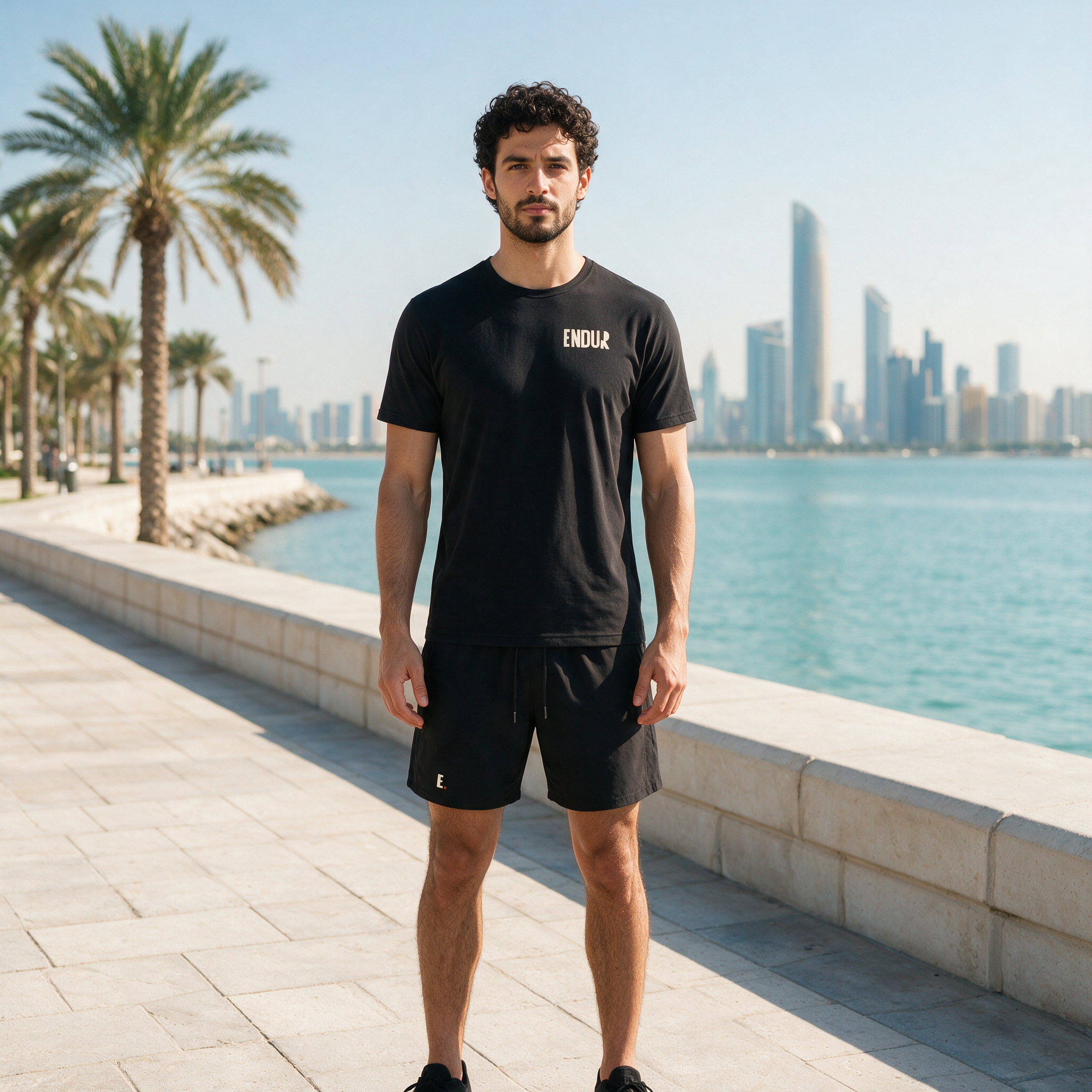 Model wearing the ENDUR Off Day Shorts, on the Abu Dhabi Corniche