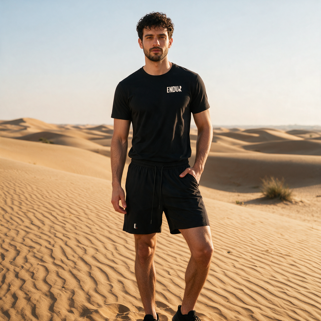 Model wearing the ENDUR Off Day Shorts, in the desert