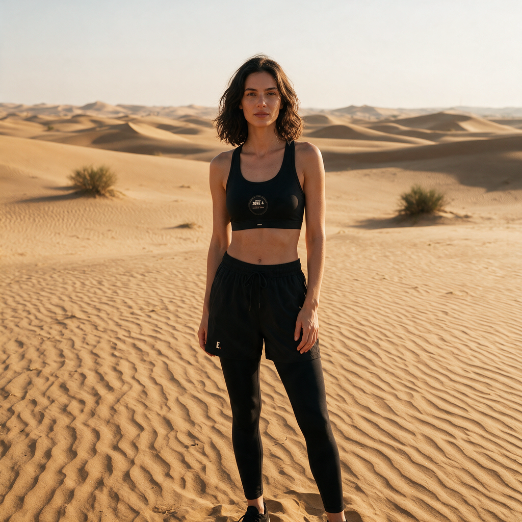 Model wearing the ENDUR Off Day Sports Bra, in the desert
