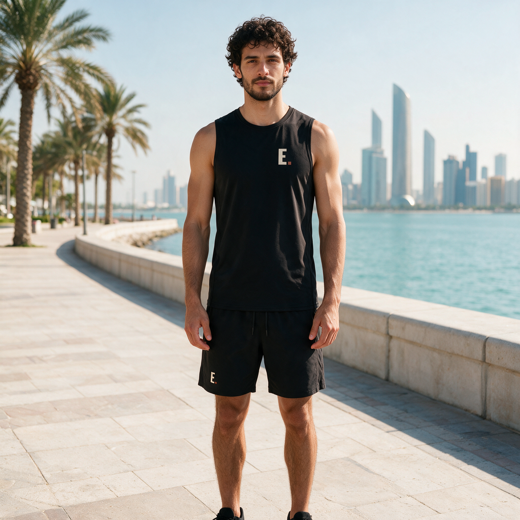 Model wearing the ENDUR Off Day Tank, on the Abu Dhabi Corniche