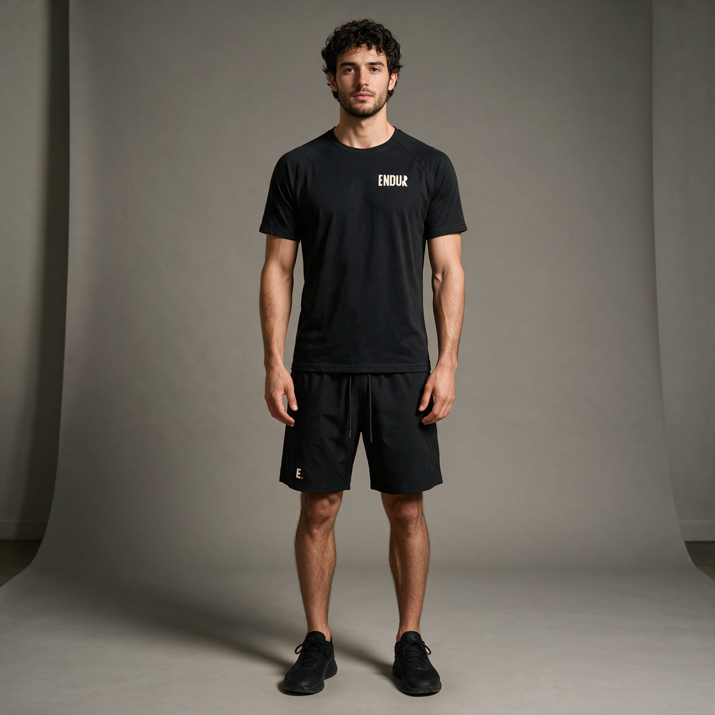 Model wearing the ENDUR Off Day Tee, studio front view