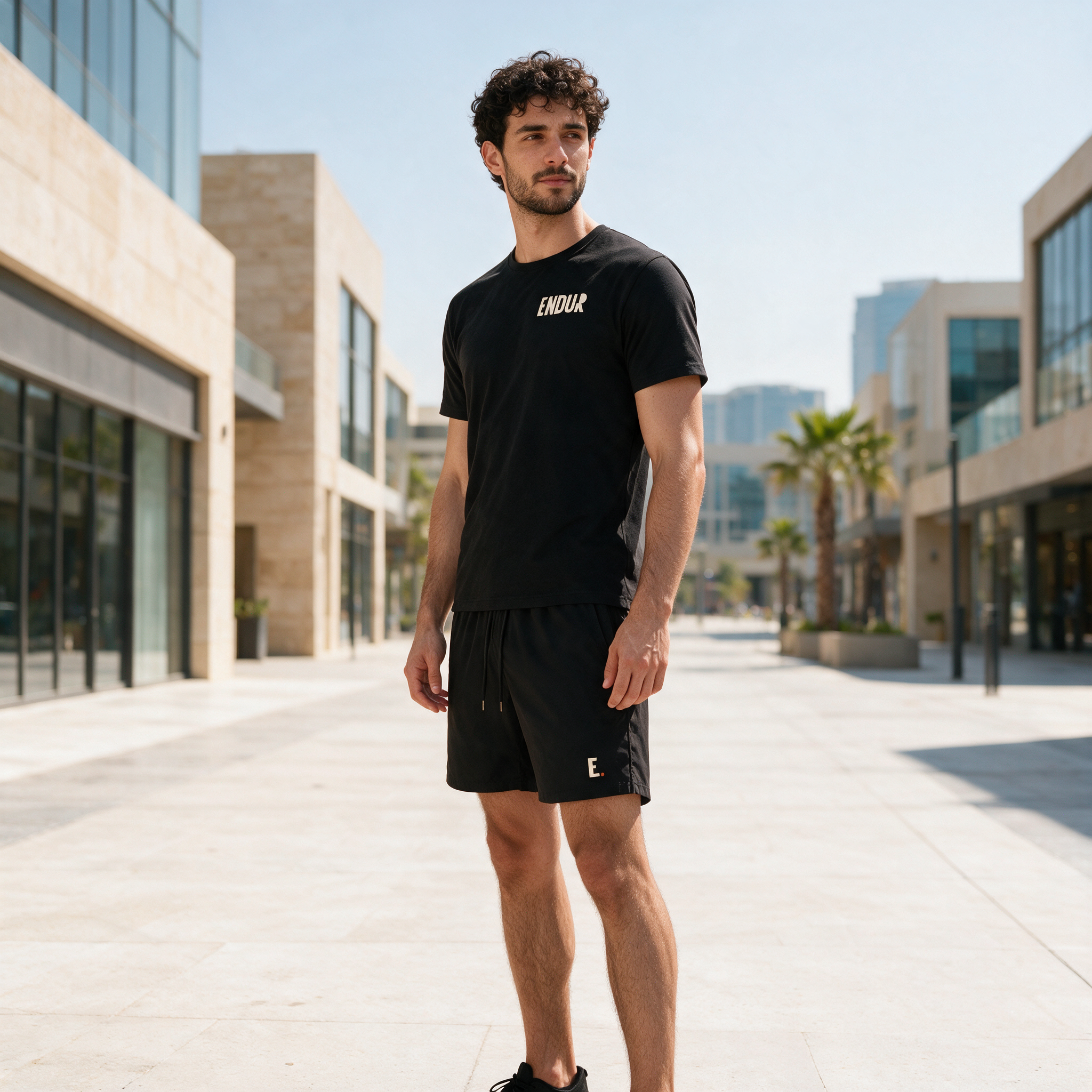 Model wearing the ENDUR Off Day Tee, in Dubai