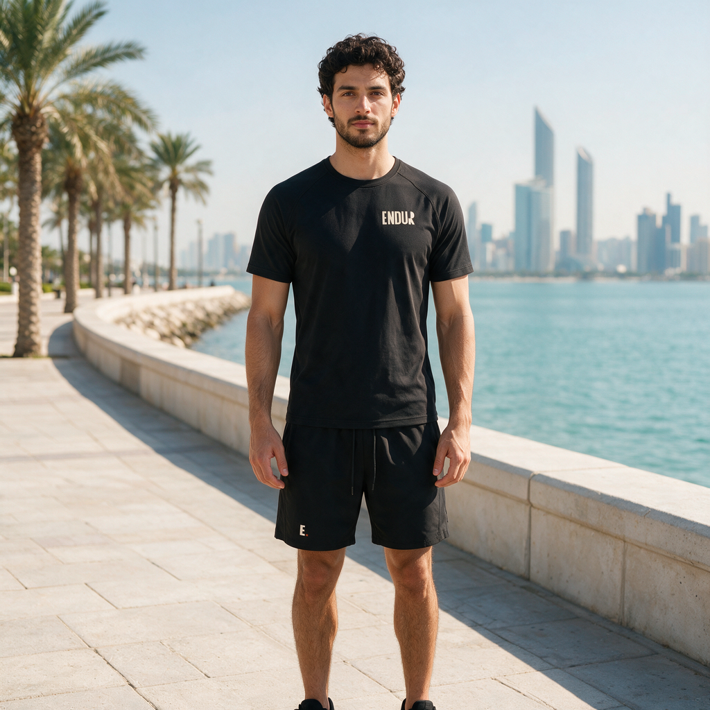 Model wearing the ENDUR Off Day Tee, on the Abu Dhabi Corniche