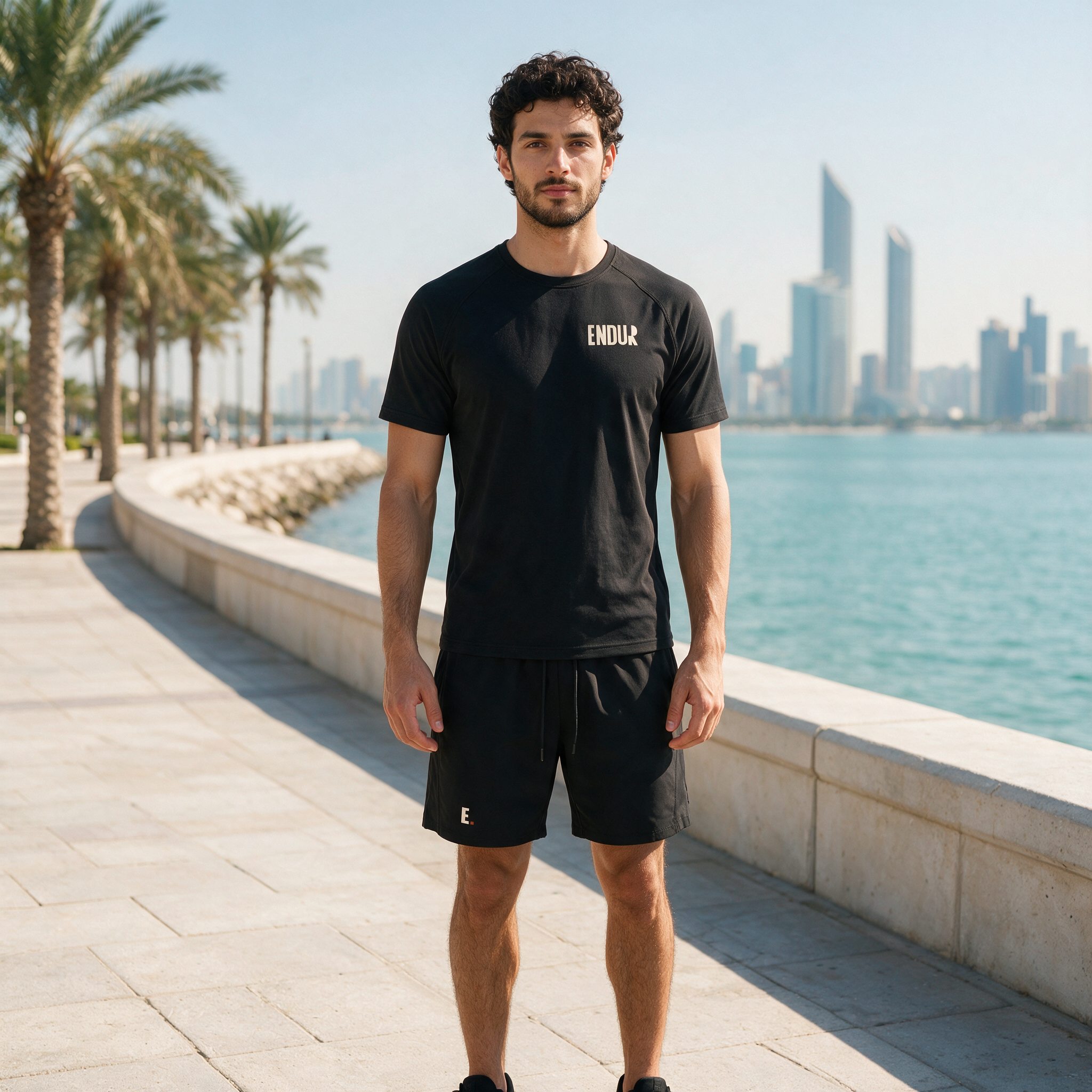 Model wearing the ENDUR Off Day Tee, on the Abu Dhabi Corniche