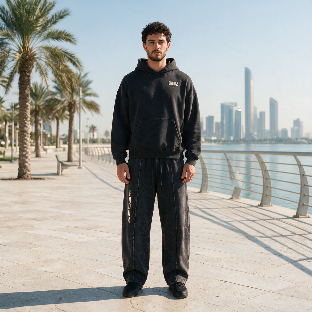 Model wearing the ENDUR Second Lap Set, on the Abu Dhabi Corniche