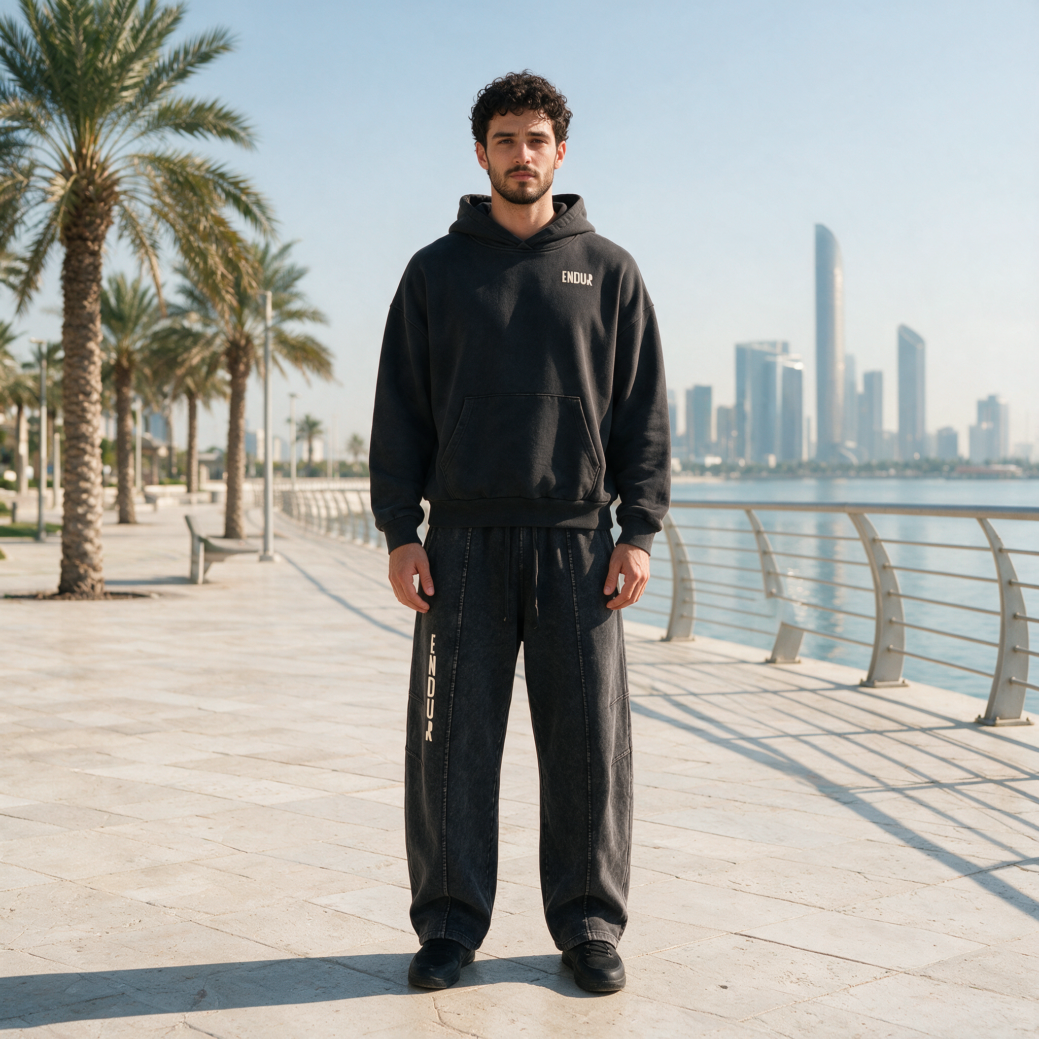 Model wearing the ENDUR Second Lap Set, on the Abu Dhabi Corniche