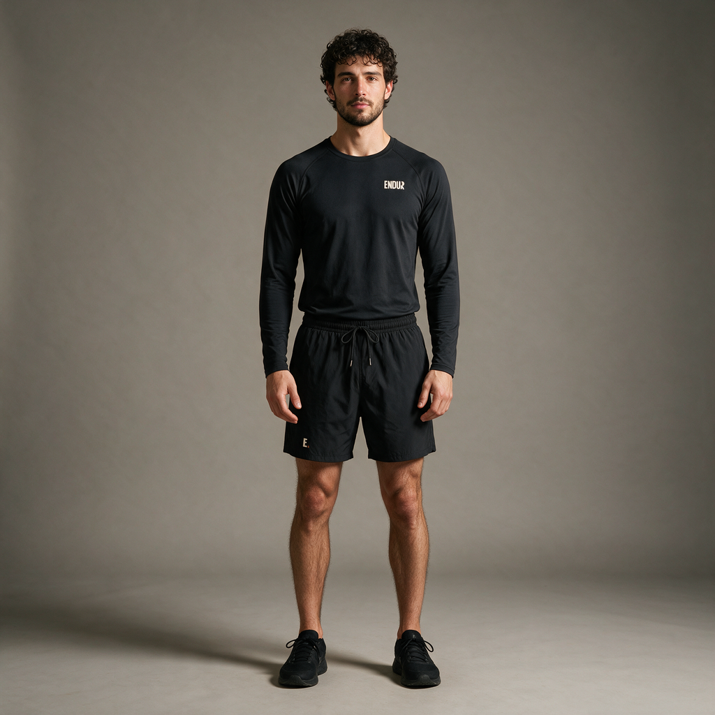 Model wearing the ENDUR Off Day Set, studio front view