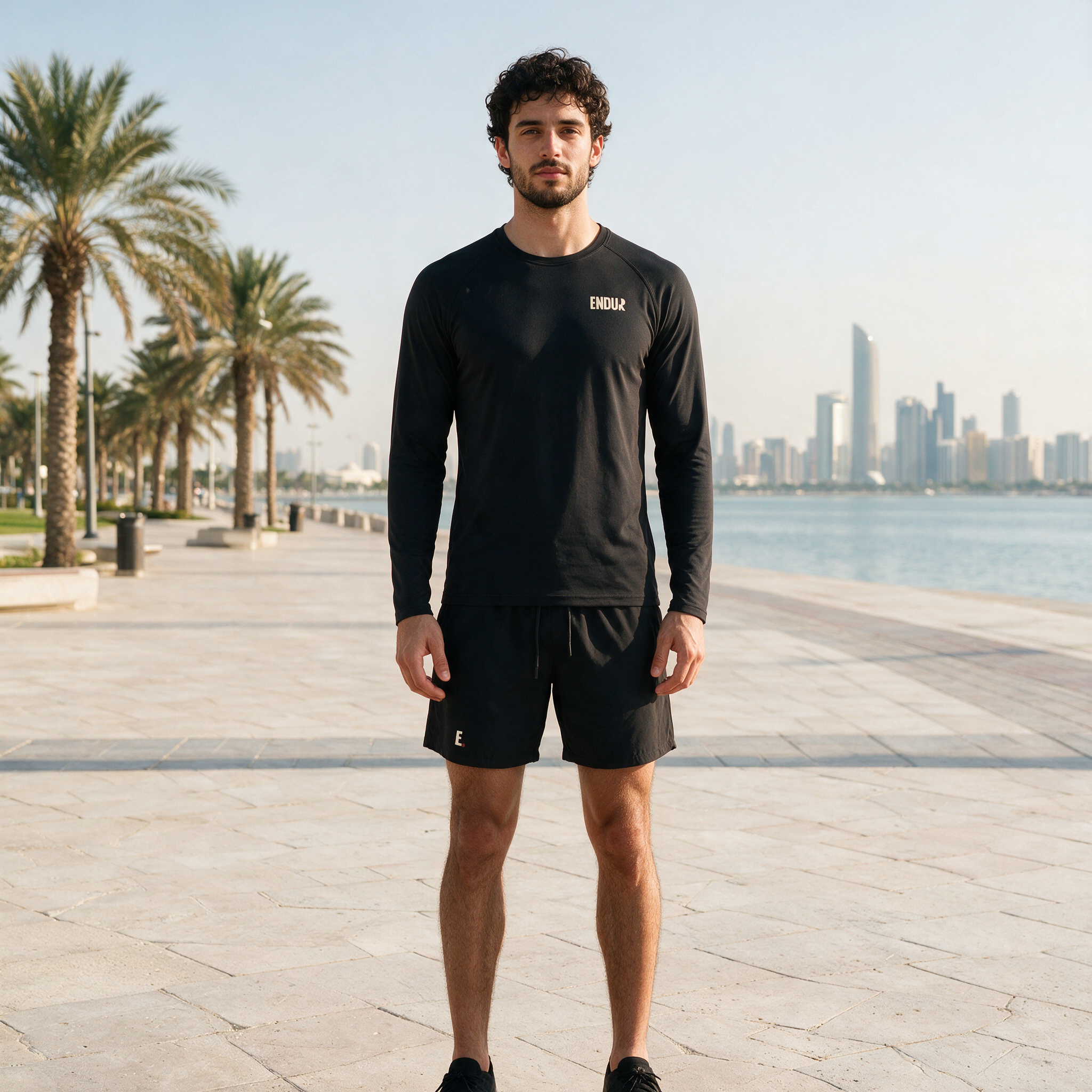 Model wearing the ENDUR Off Day Set, on the Abu Dhabi Corniche
