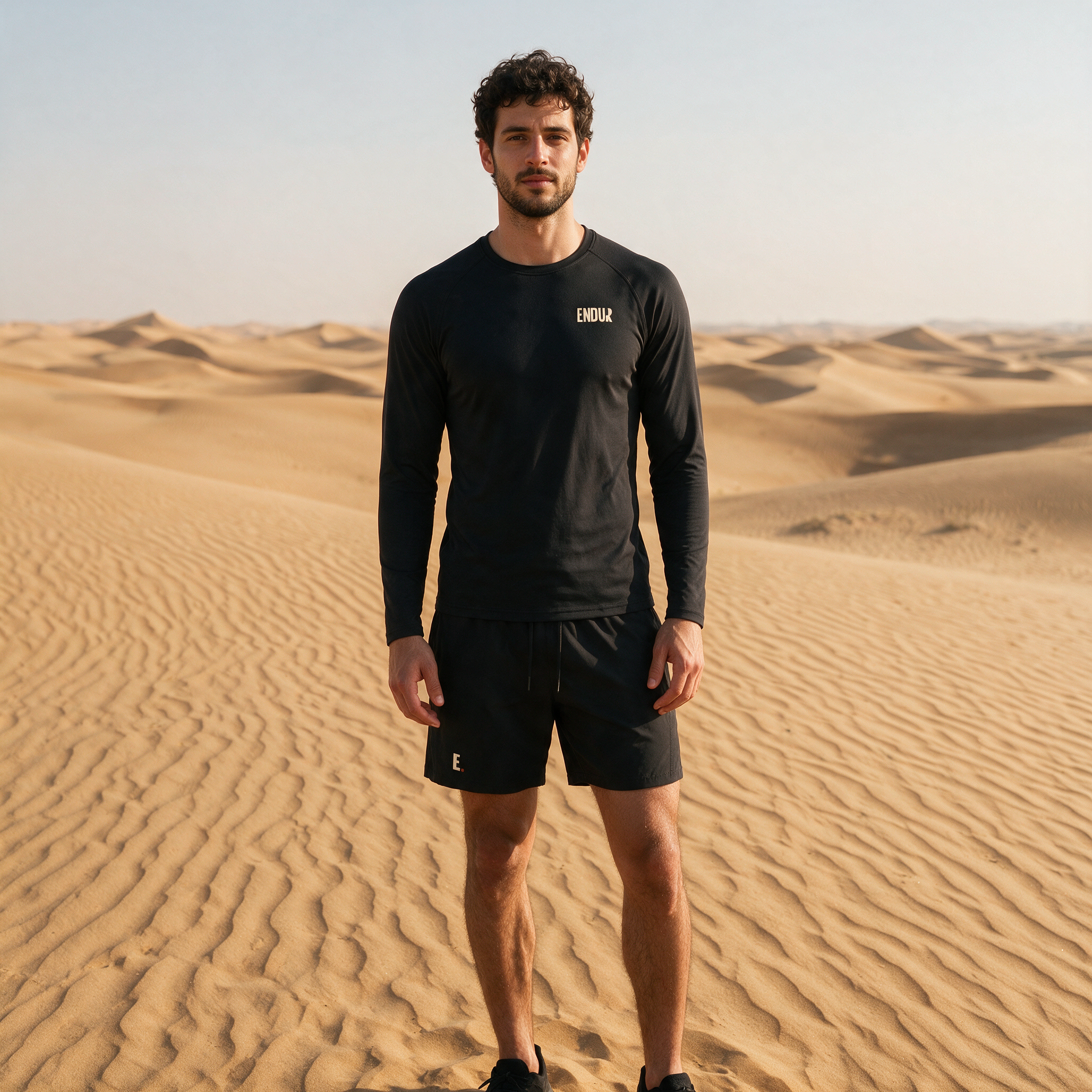 Model wearing the ENDUR Off Day Set, in the desert