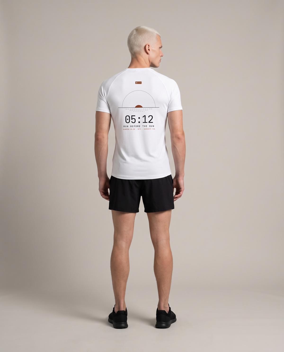 Before The Sun Run Tee — White, back, worn by an ENDUR model