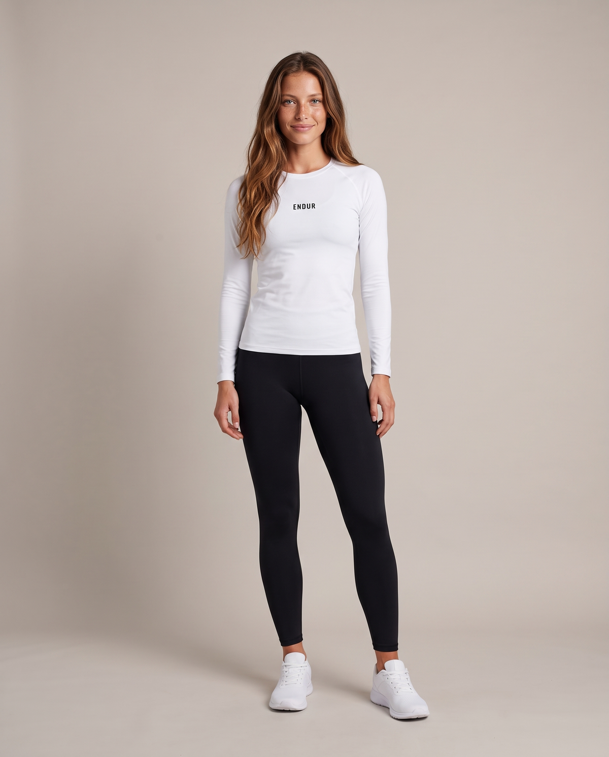 Salt Line Long Sleeve — White, front, worn by an ENDUR model