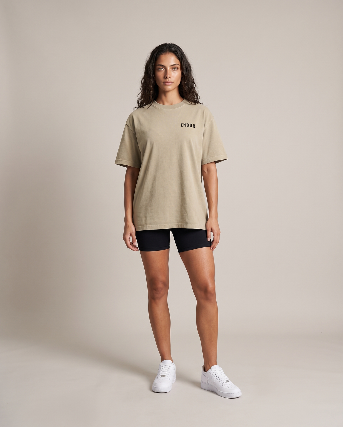 Load Drawing Oversized Tee — Khaki, front, worn by an ENDUR model