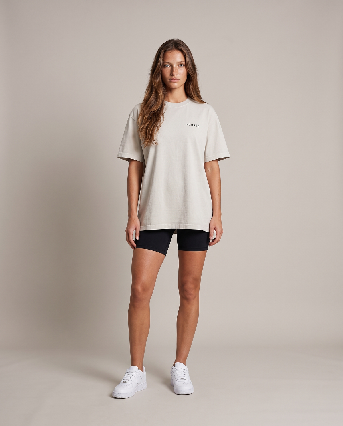 Mirage Oversized Tee — Light Apricot, front, worn by an ENDUR model